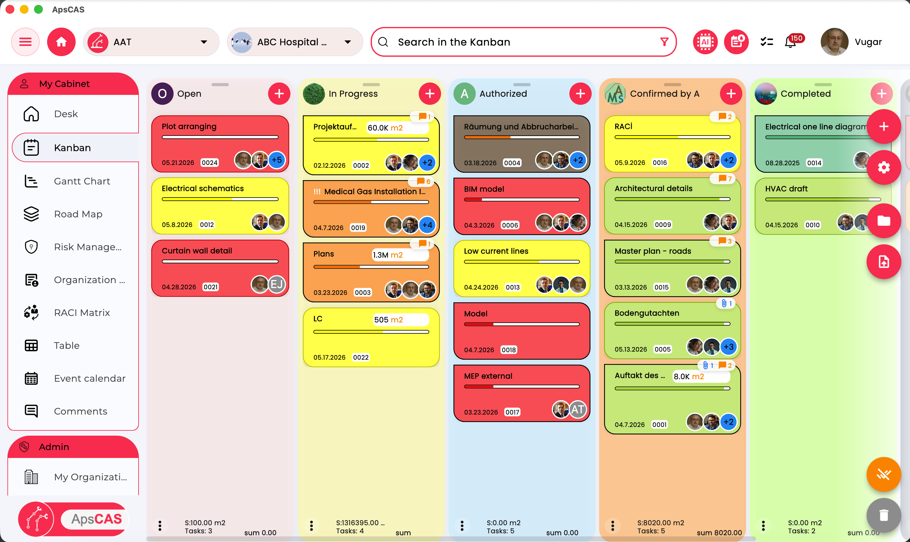 ApsCAS Kanban board with multiple workflow columns and task cards
