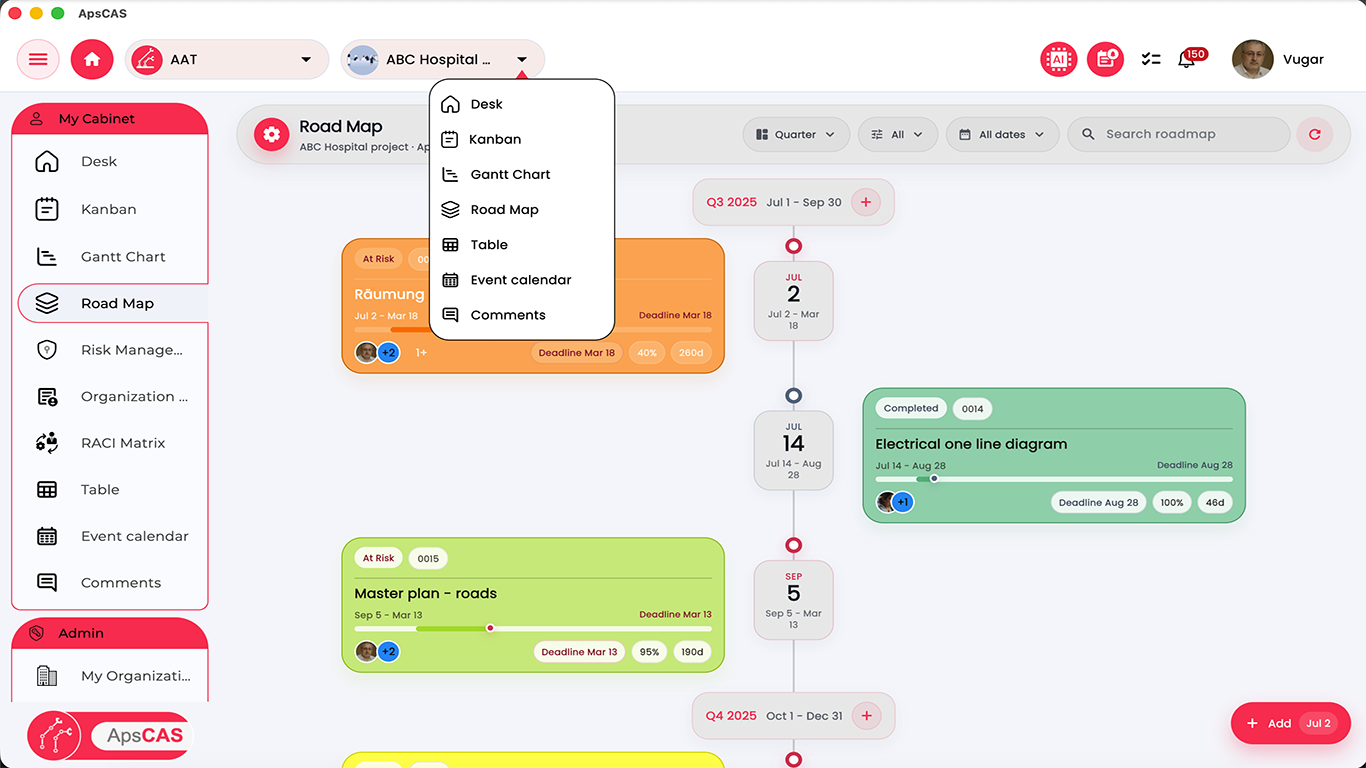 ApsCAS roadmap view with milestones, timeline planning, and connected tasks