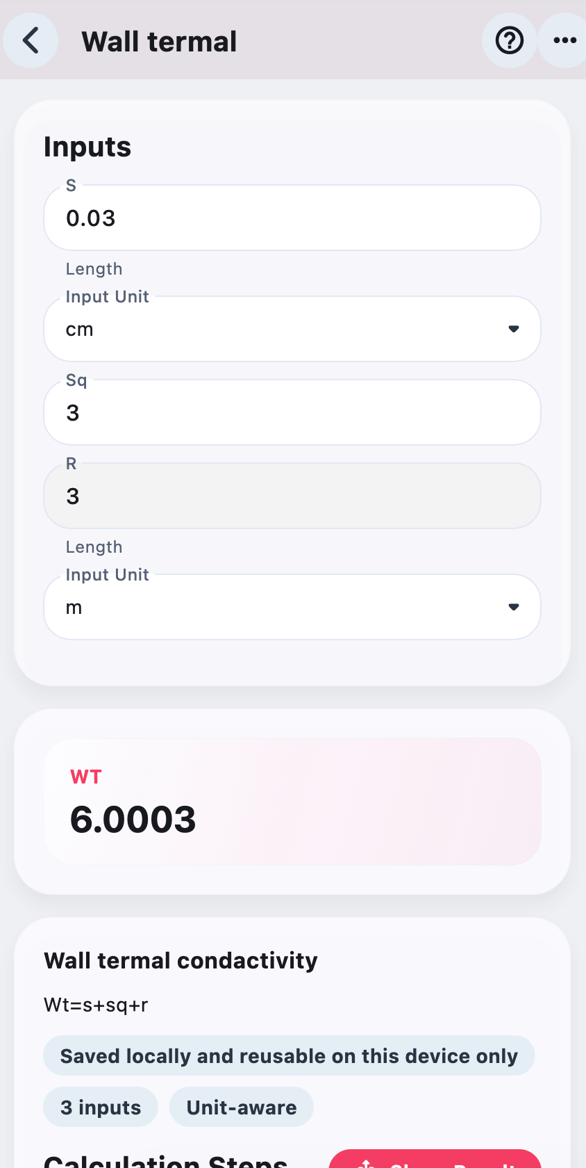 MicroCAS calculator screen with saved inputs, results, and reusable formula details.
