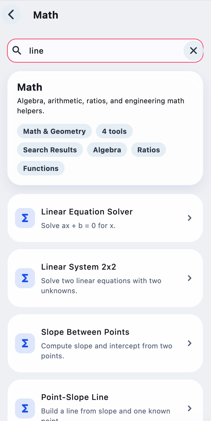 MicroCAS built-in catalog with searchable math and geometry tools.