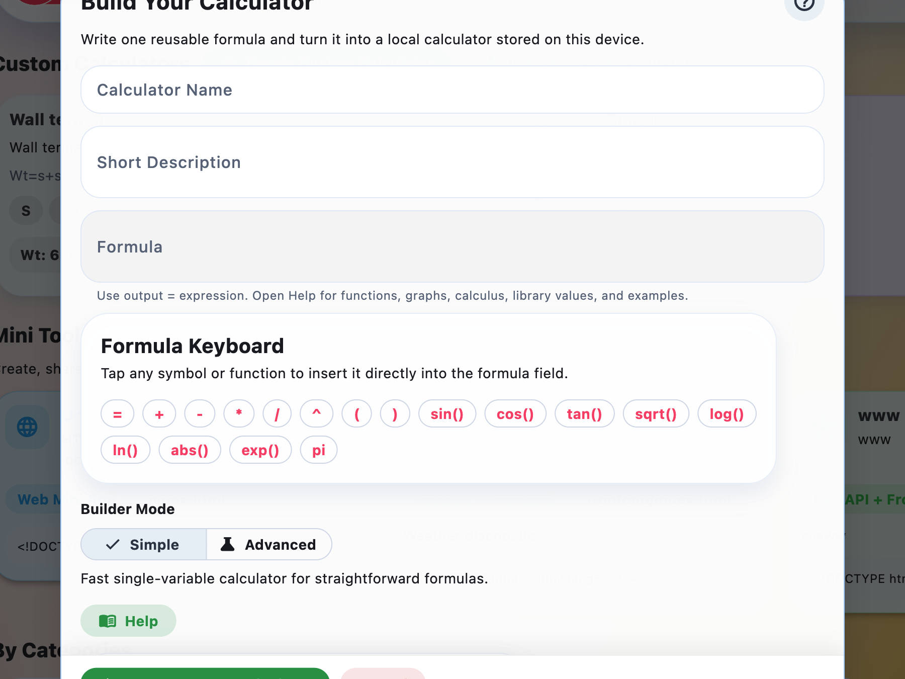 MicroCAS formula builder for creating a reusable calculator from an engineering formula.