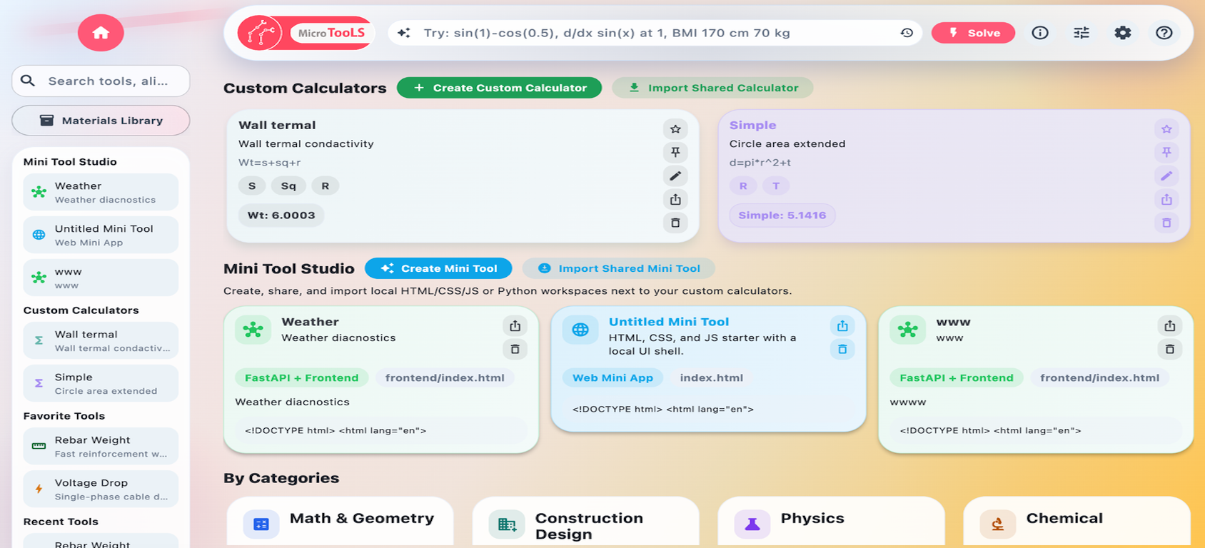 MicroCAS dashboard showing custom calculators, mini tool studio, and technical categories.