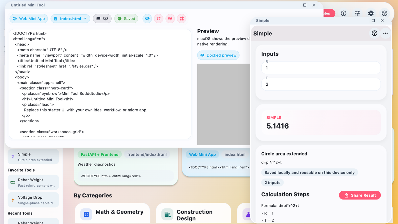 MicroCAS Mini Tool Studio editing a local starter project with code and preview windows.